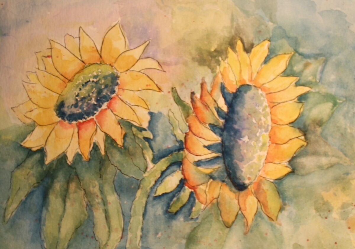 watercolor painting of two sunflowers